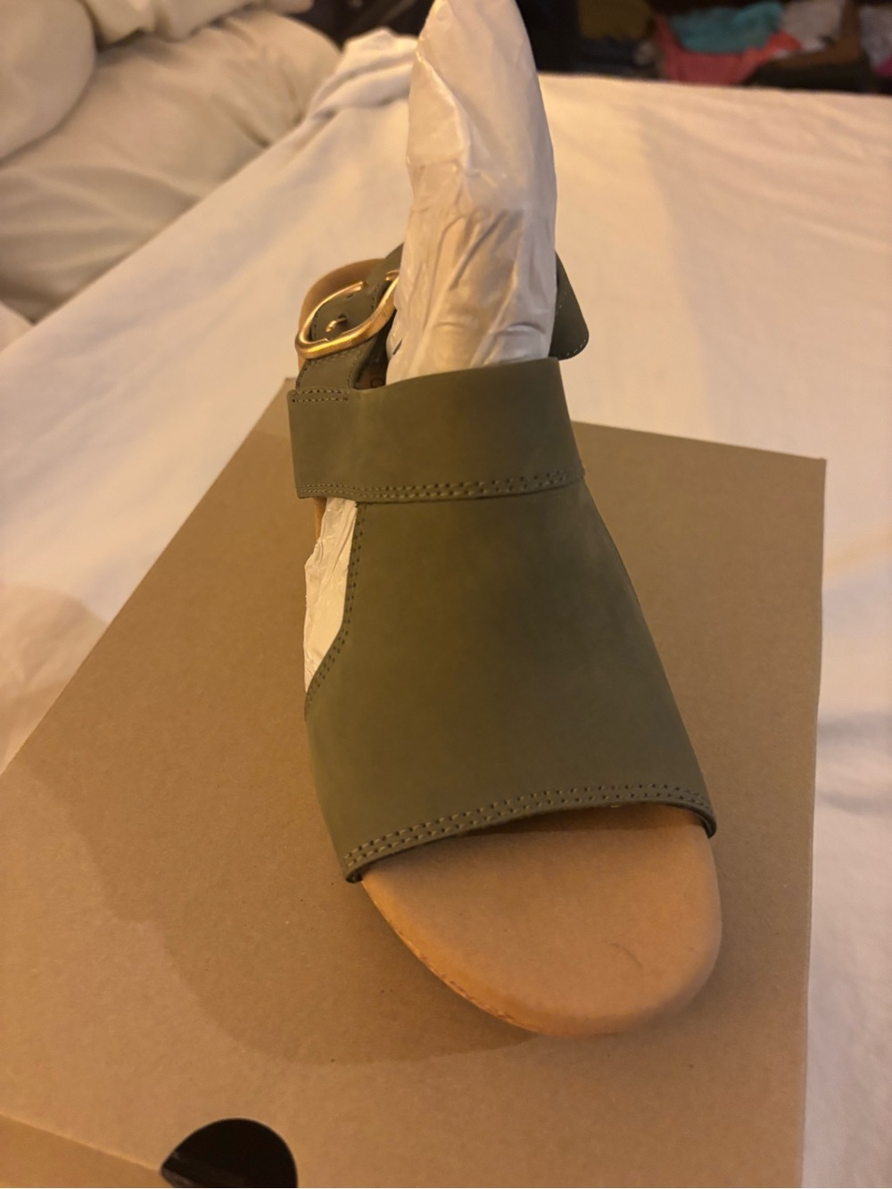 Clarks Olive Green Open-Front Sandal with Gold Buckle